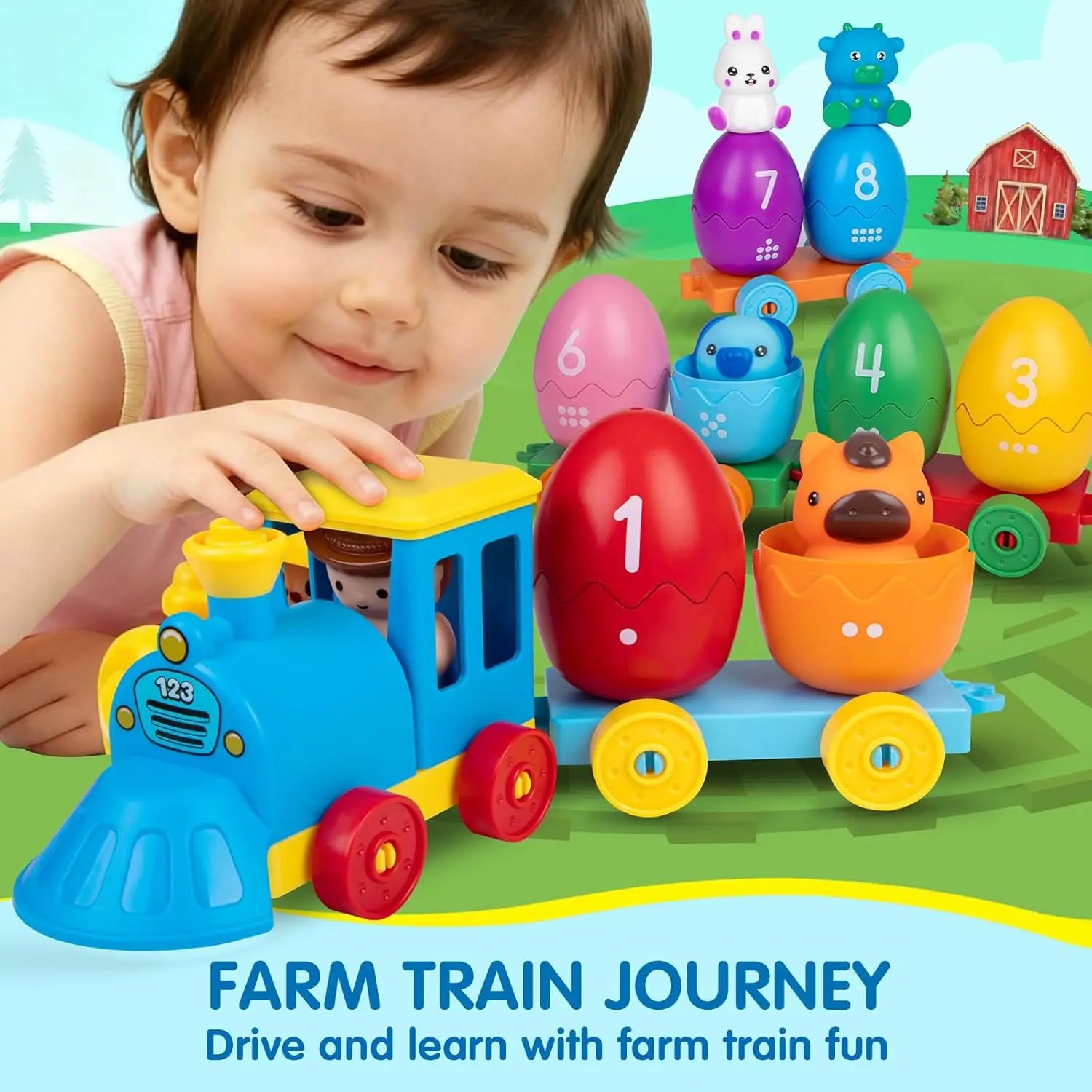 Toddler Learning Toys Matching Sorting Montessori Toys Farm Train Set with Animals Finger Puppets Eggs Game Sorters Toy For Gift