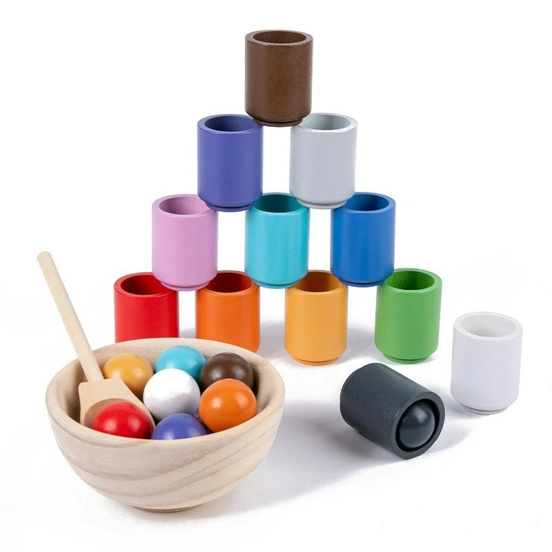 Montessori Wooden Toy Color Matching Game Rainbow Balls in Cups Early Education Learning Toys for Preschool Children Age 3+