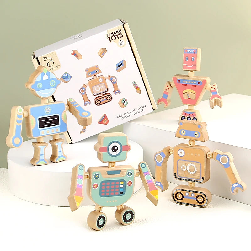 Wooden Large Particle Building Blocks Animal Dinosaur Robot Assembling Toys Joints Rotatable Toys Toddlers Kids Educational Gift